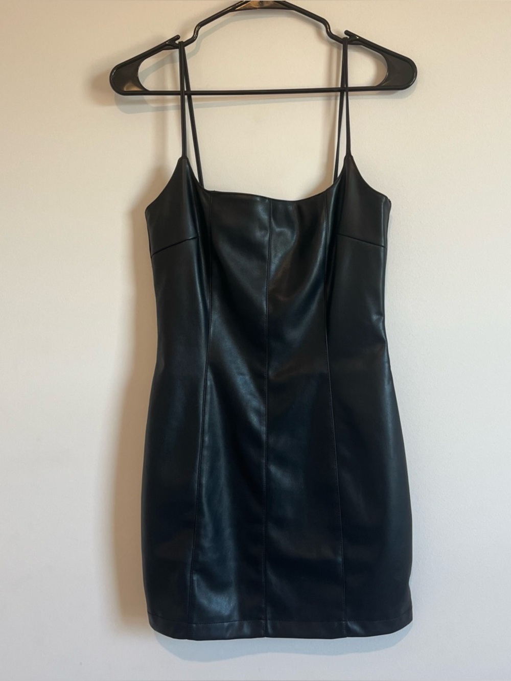 Nasty Gal- Black Faux Leather Spaghetti Strap Mini Dress- Size 4